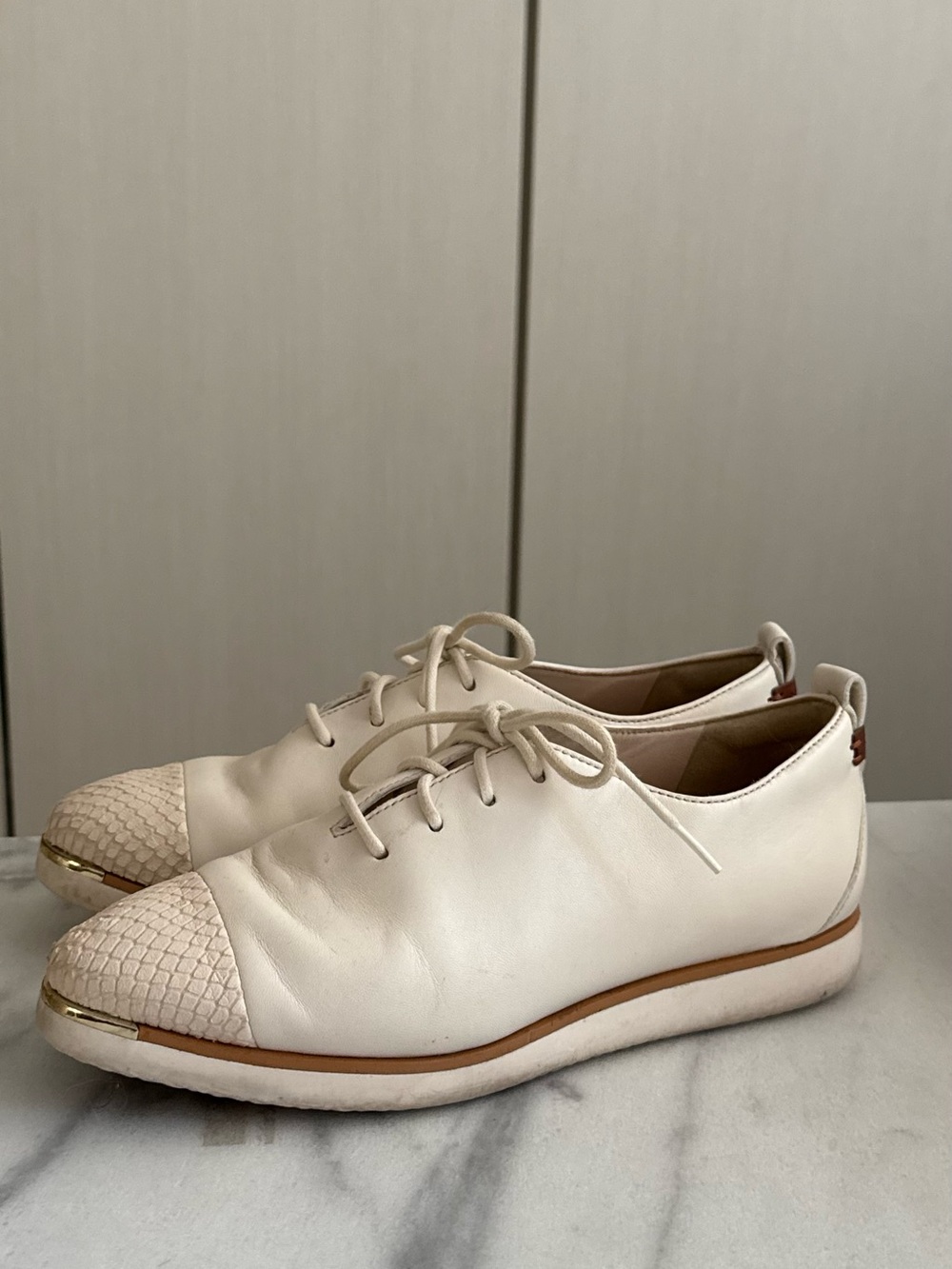 Cole Haan Zero Grand Cream Leather Lace-Up Sneakers with Gold Accent